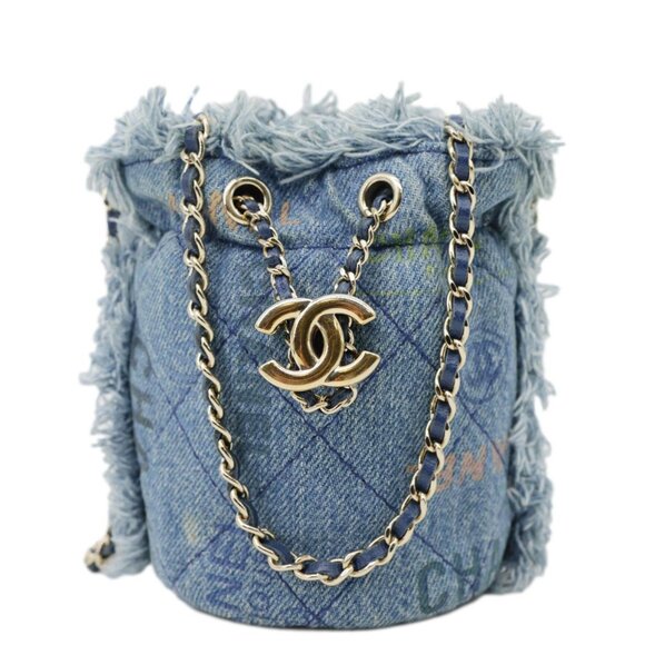 Chanel  Mood Logo Printed Quilted Denim Chain Bucket Bag Blue - Picture 1 of 15